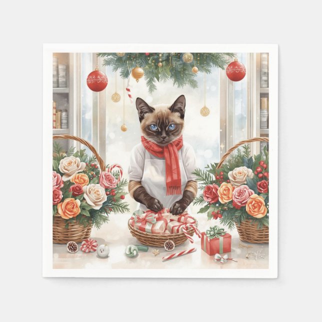 Katten arrangerar julblommor pappersservett (Framsidan)