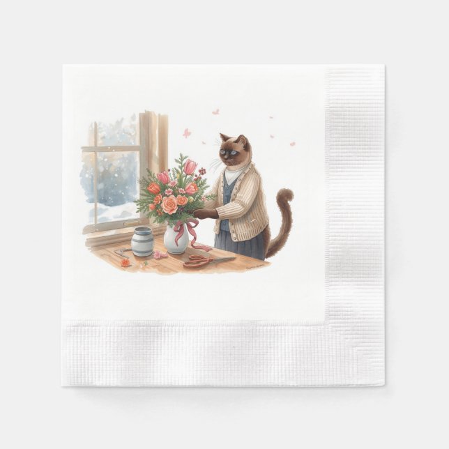 Katten arrangerar julblommor pappersservett (Framsidan)