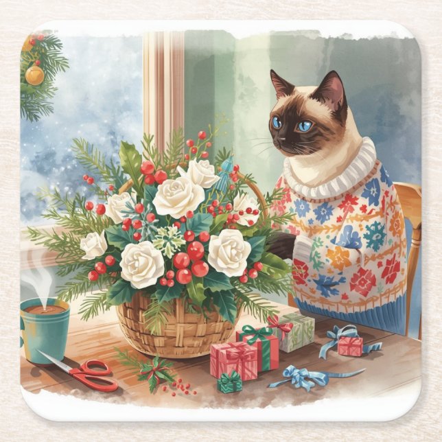 Katten arrangerar julblommor underlägg papper kvadrat (Framsidan)