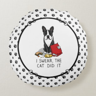 Katten gjorde det på Boston Terrier-Hund (svart) Rund Kudde
