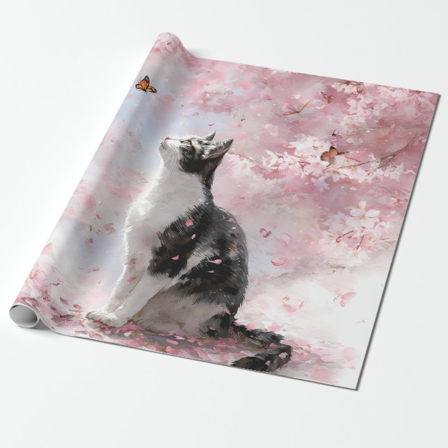 Katten Körsbärsblom och Fjärilar (1) Presentpapper (Utrullad)