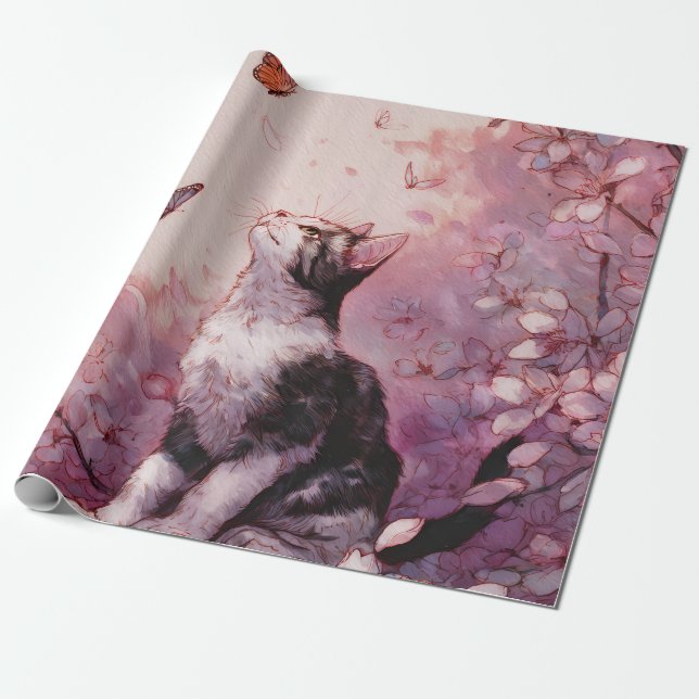 Katten Körsbärsblom och Fjärilar (2) Presentpapper (Utrullad)