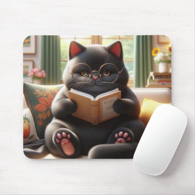 Katten läser en bok på soffan musmatta (Med mus)