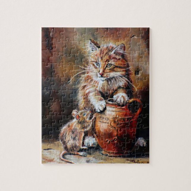 Katten Mus och Burk i Tjocken Pussel (Vertikal)
