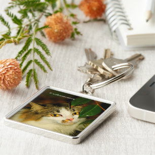 Katten och Camellia Löv Fyrkantig Silverfärgad Nyckelring