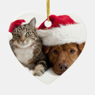 Katten och hunden önskar god jul julgransprydnad keramik