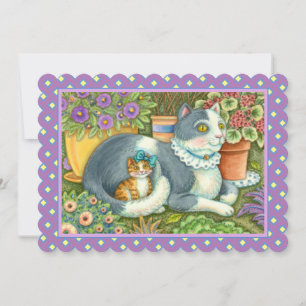 KATTEN OCH KITTEN I mor, BLOMMOR, BADOR OCH SNÖRE Kort