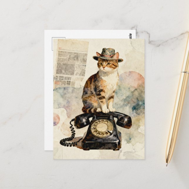 Katten på den antika telefonen vykort (Fram/Back In Situ)