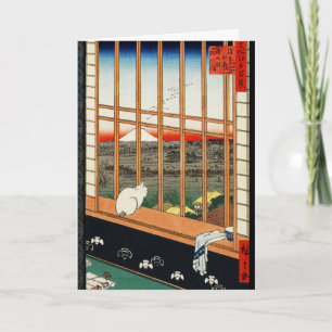 Katten på fönster med beskådar av Mt Fuji vid Kort