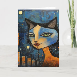 Katten på natten i City Mixed Media Collage Kort