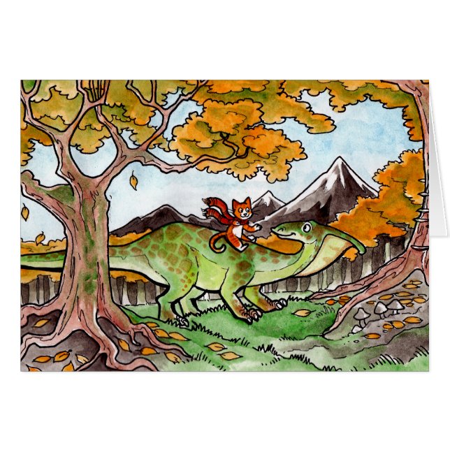 Katten rider en Dinosaur Hälsningskort (Framsidan Horizontal)