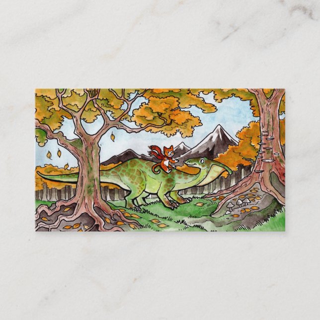 Katten rider en Dinosaurvisitkort Visitkort (Framsida)