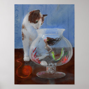 Katten ser en sjöjungfru i en fiskskål! poster