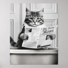 Katten sitter på toaletten, katt läser nyheter poster