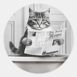Katten sitter på toaletten, katt läser nyheter runt klistermärke