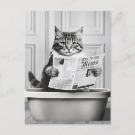 Katten sitter på toaletten, katt läser nyheter vykort