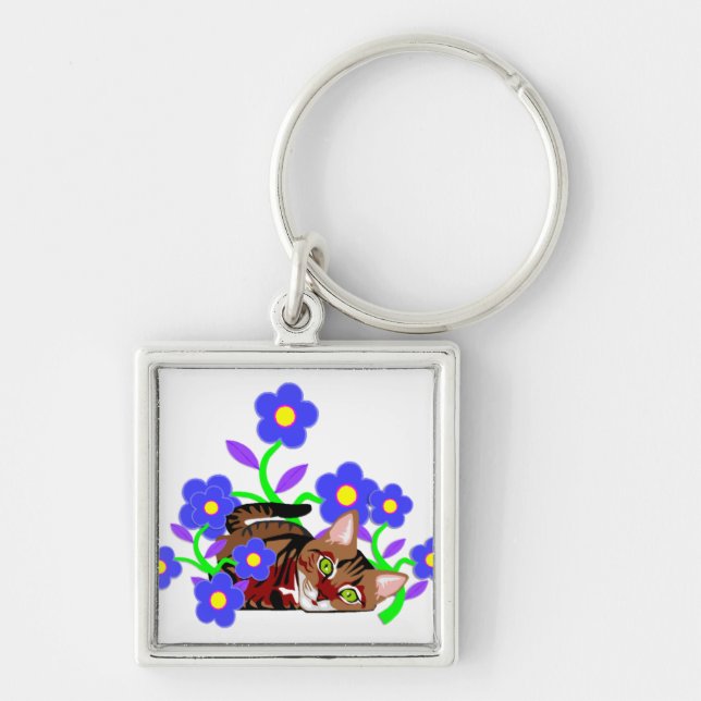 Katten ta sig en tupplur fyrkantig silverfärgad nyckelring (Framsidan)