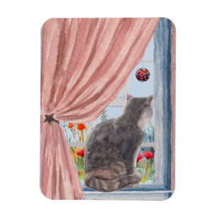 Katten vid fönstrets sceniska serenblommor magnet