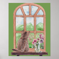 Katten vid fönstrets sceniska serenblommor