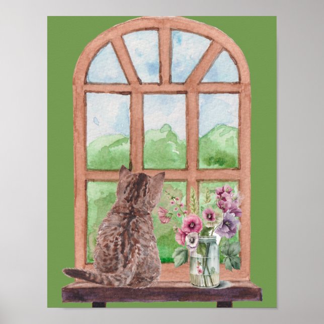Katten vid fönstrets sceniska serenblommor poster (Framsidan)