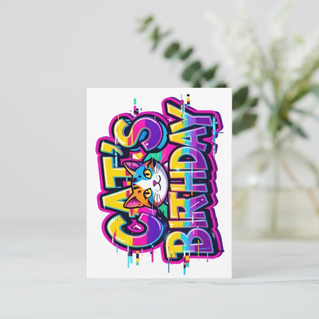 Kattens födelsedags regnbågsglitch inbjudan vykort (Stående Fram)