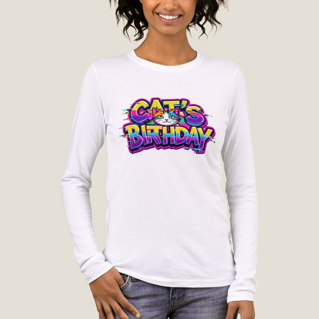 Kattens födelsedags regnbågsglitch t shirt (Framsida)
