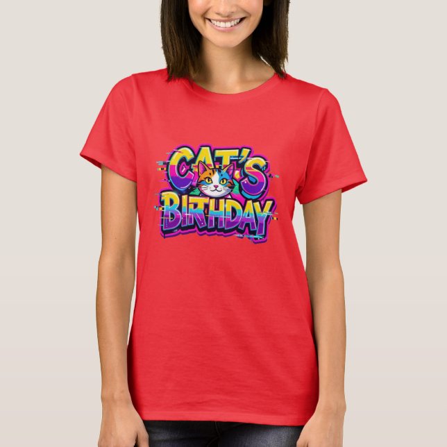 Kattens födelsedags regnbågsglitch t shirt (Framsida)