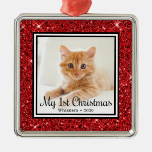 Kattens första julfoto Red Glitter Julgransprydnad Metall