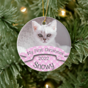 Kattens första Rosa i julklapp Julgransprydnad Keramik