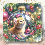 Kattens reflektion i en julklapp fyrkantigt klistermärke<br><div class="desc">Julklistermärken eller kuvertförseglingar. En söt vattenfärg,  stil ai,  illustration av en kattens reflektion inuti en julprydnad.</div>