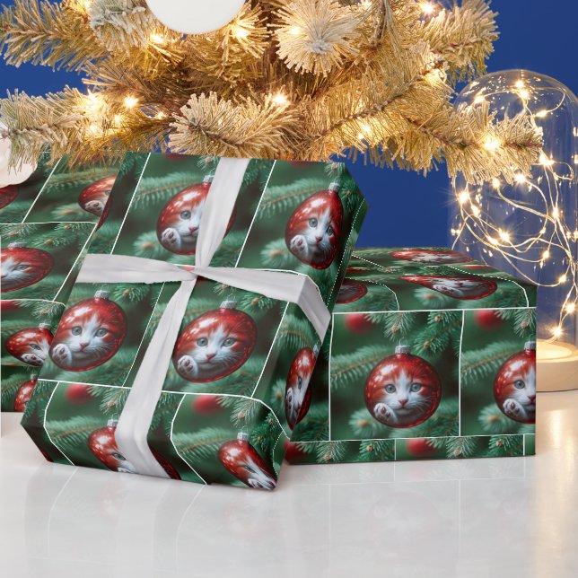 Kattens spegling i en röd julgransprydnad presentpapper (Helgdagar)