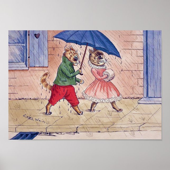 Kattens uppvaktning i regnet, Louis Wain Poster (Framsidan)