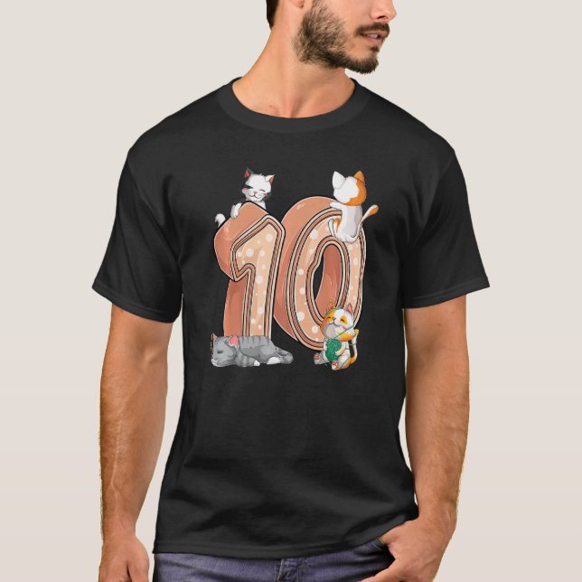 Katter 10:e Födelsedagsfesten Tio 10 år Gammal kat T Shirt (Framsida)