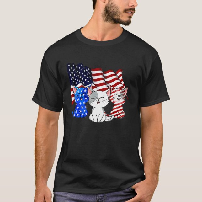 Katter Amerikansk Flagga 4:e Juli T Shirt (Framsida)