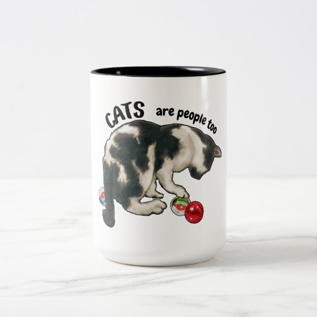 KATTER ÄR OCKSÅ MÄNNISKOR, konstverk av katt och k Två-Tonad Mugg (Center)