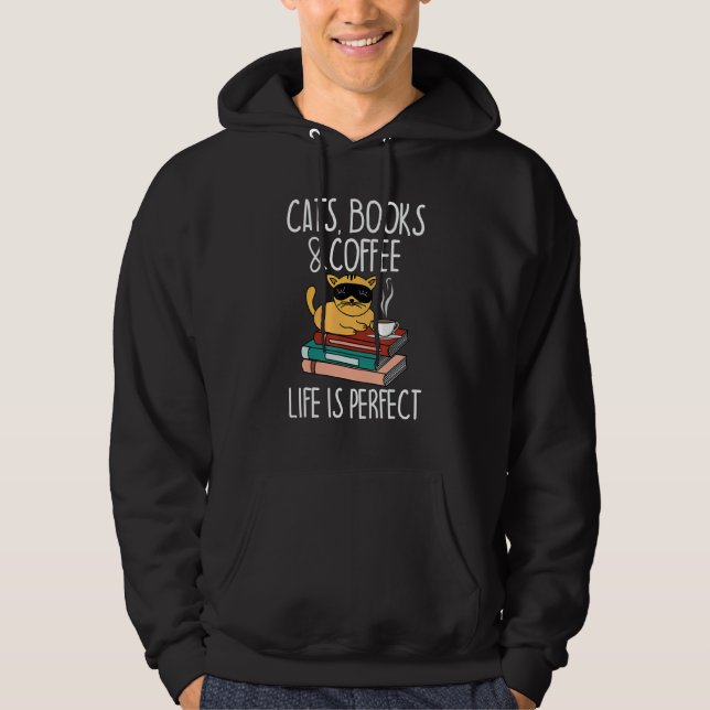 Katter Böcker Kaffe Gillar Är Perfekt  Läsning & D Hoodie (Framsida)