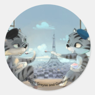 Katter & Eiffeltornet - Paris Rund Sticker Runt Klistermärke