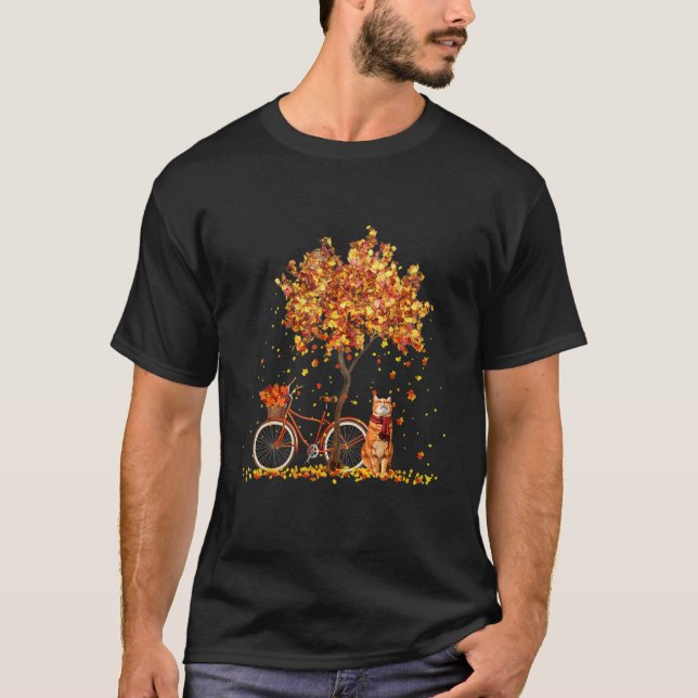 Katter Faller Höstblad Träd Och Cykel Katt T Shirt (Framsida)