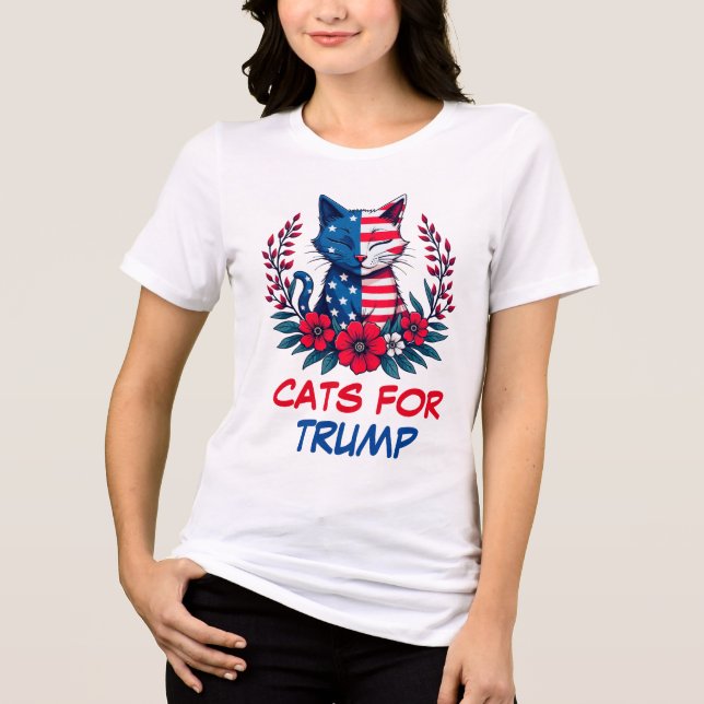 Katter för Trump American Flagga Red Flowers Patri T Shirt (Framsida)