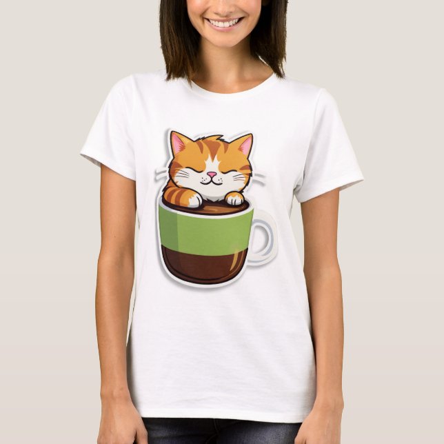 Katter före kaffe - Cute Cat & Mugg T-Shirt (Framsida)