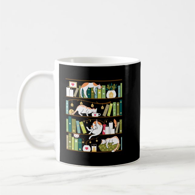 Katter från bibliotek - vita katter på bok hyllor kaffemugg (Vänster)