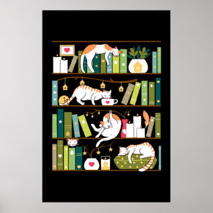 Katter från bibliotek - vita katter på bok hyllor poster