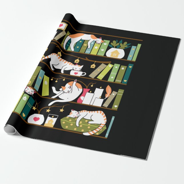 Katter från bibliotek - vita katter på bok hyllor presentpapper (Utrullad)
