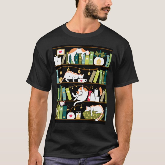 Katter från bibliotek - vita katter på bok hyllor  t shirt (Framsida)