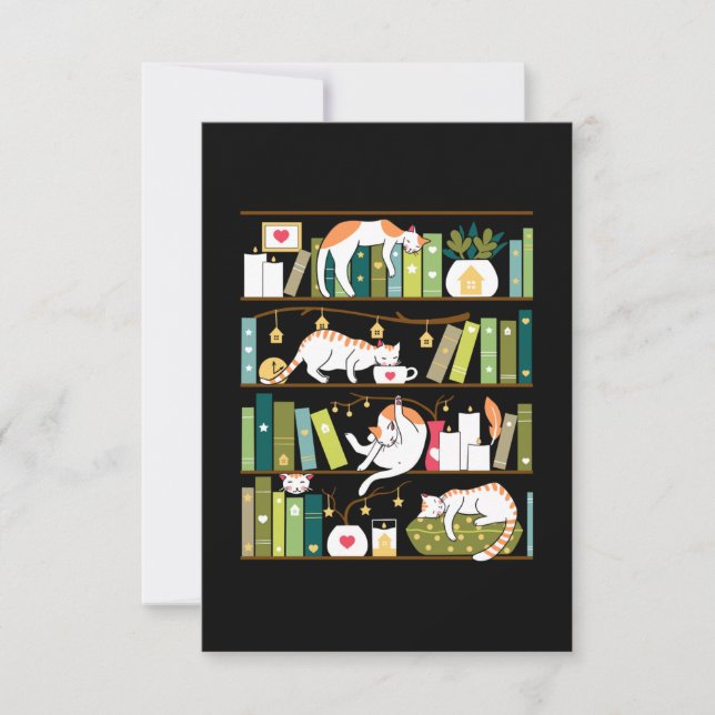 Katter från bibliotek - vita katter på bok hyllor tack kort (Framsida)