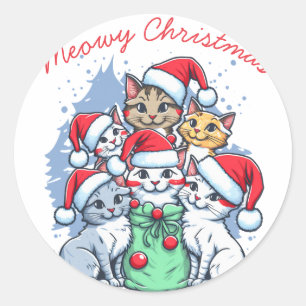 Katter God Jul, Meowy Jul, Roligt Present Runt Klistermärke