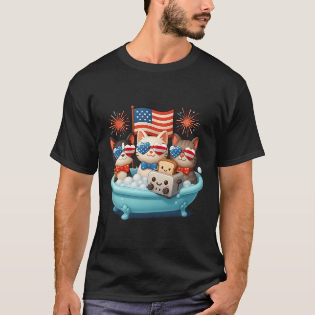 Katter i Bathtub Anime American Flagga USA Patriot T Shirt (Framsida)