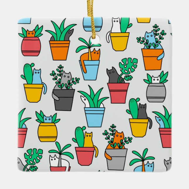 Katter i blomkrukor julgransprydnad keramik (Framsida)
