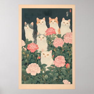 Katter i blommor tryck Vintage Japansk Ukiyo-e kon