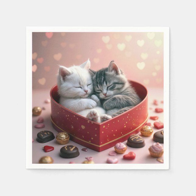 Katter i en hjärtans godisbox pappersservett (Framsidan)